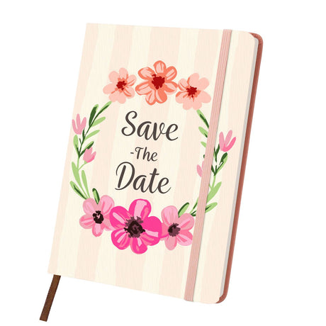 Pink Blossom Wedding Wreath paint by numbers notebook – Pink and coral flowers framing a leafy wreath with Save the Date script on pale stripes, pink notebook