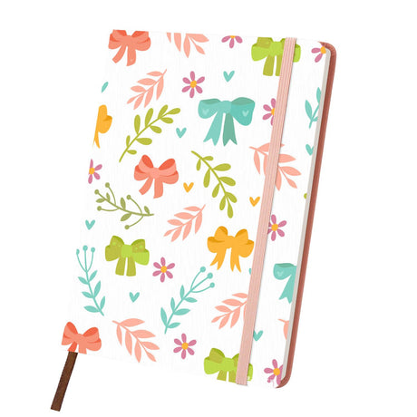 Confetti Bows and Leafy Sprigs paint by numbers notebook – Coral, teal, orange and lime ribbon bows with leafy sprigs and tiny flowers on white, pink notebook