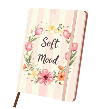Blush Tulip Wreath paint by numbers notebook – Wreath of pink tulips and soft peach blossoms around Soft Mood script on blush stripes, pink notebook