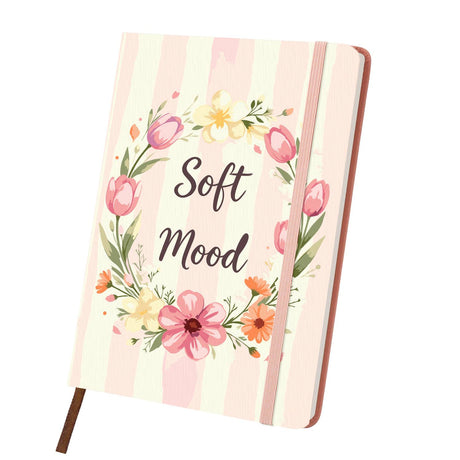 Blush Tulip Wreath paint by numbers notebook – Wreath of pink tulips and soft peach blossoms around Soft Mood script on blush stripes, pink notebook