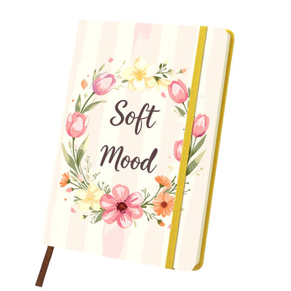 Blush Tulip Wreath paint by numbers notebook – Wreath of pink tulips and soft peach blossoms around Soft Mood script on blush stripes, yellow notebook
