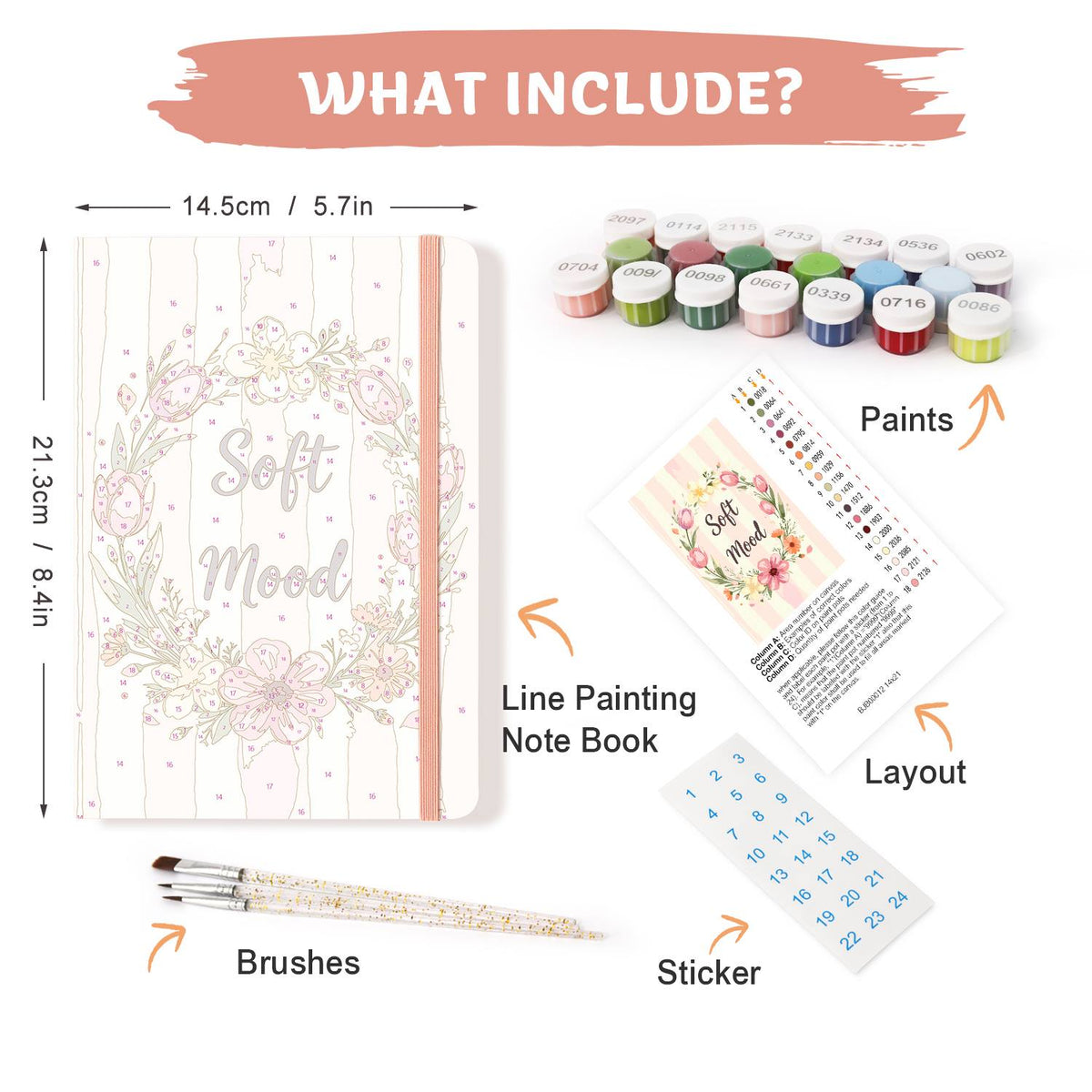 Blush Tulip Wreath paint by numbers notebook – what's in the kit: the notebook, numbered paints, brushes, layout sheet and stickers