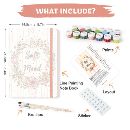 Blush Tulip Wreath paint by numbers notebook – what's in the kit: the notebook, numbered paints, brushes, layout sheet and stickers