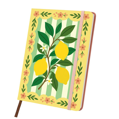Lemon Sprig on Green Stripes paint by numbers notebook – Lemon branch with glossy leaves on green and cream stripes framed by a yellow floral border, pink notebook