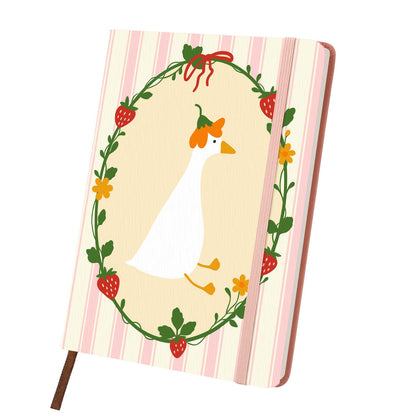 Flower-Crowned Goose in Berries paint by numbers notebook – White goose with an orange flower on its head inside a strawberry vine wreath on pink stripes, pink notebook