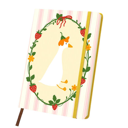 Flower-Crowned Goose in Berries paint by numbers notebook – White goose with an orange flower on its head inside a strawberry vine wreath on pink stripes, yellow notebook