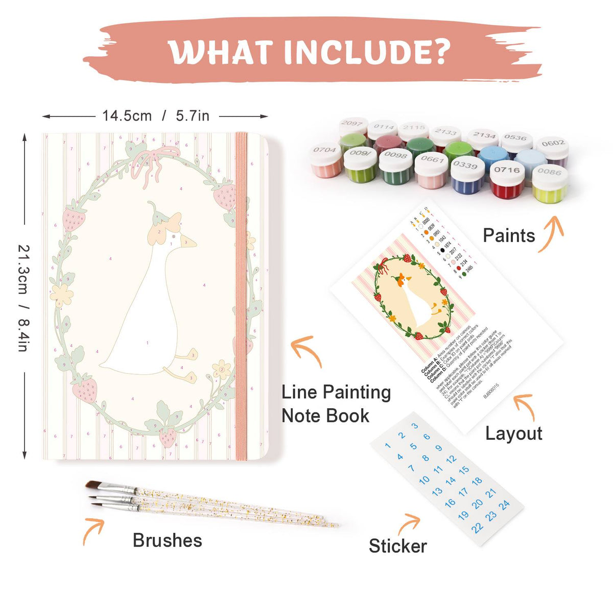 Flower-Crowned Goose in Berries paint by numbers notebook – what's in the kit: the notebook, numbered paints, brushes, layout sheet and stickers