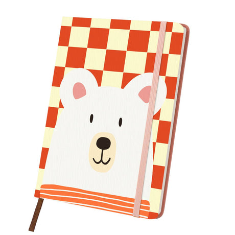 Polar Bear on Red Checks paint by numbers notebook – Smiling white bear face with pink ears over a red and cream checkerboard and orange stripes, pink notebook