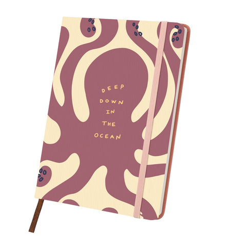 Mauve Octopus Swirl paint by numbers notebook – Large mauve octopus with curling tentacles on cream, small Deep Down in the Ocean lettering, pink notebook