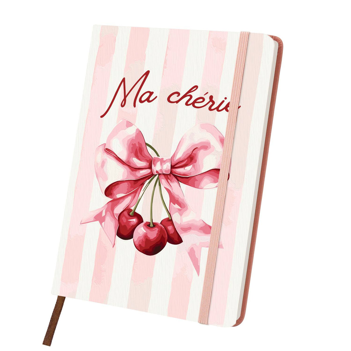 Cherries on a Pink Silk Bow paint by numbers notebook – Pink satin bow holding a cluster of red cherries on pink stripes with Ma chérie script, pink notebook