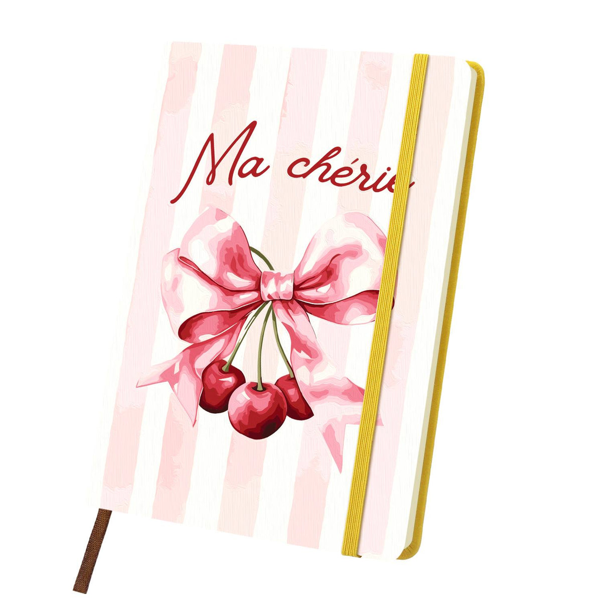Cherries on a Pink Silk Bow paint by numbers notebook – Pink satin bow holding a cluster of red cherries on pink stripes with Ma chérie script, yellow notebook