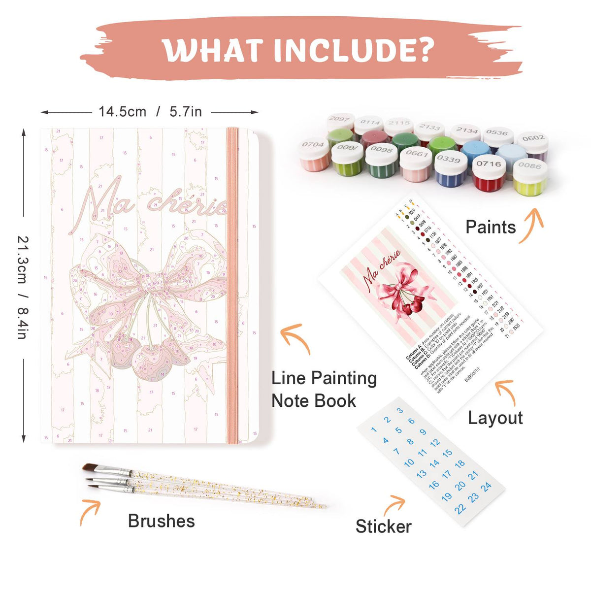 Cherries on a Pink Silk Bow paint by numbers notebook – what's in the kit: the notebook, numbered paints, brushes, layout sheet and stickers