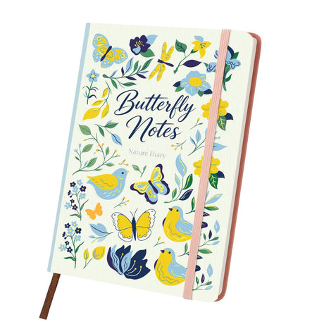 Bluebird and Butterfly Meadow paint by numbers notebook – Folk-style wildflowers, yellow and blue birds and butterflies on cream around Butterfly Notes script, pink notebook