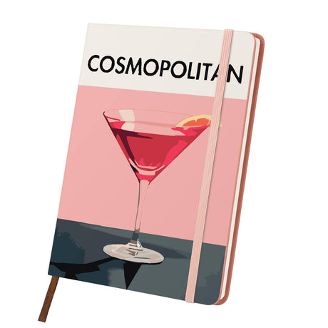 Rosy Martini with Orange Twist paint by numbers notebook – Pink cranberry cocktail in a martini glass with an orange twist on blush pink and charcoal, pink notebook
