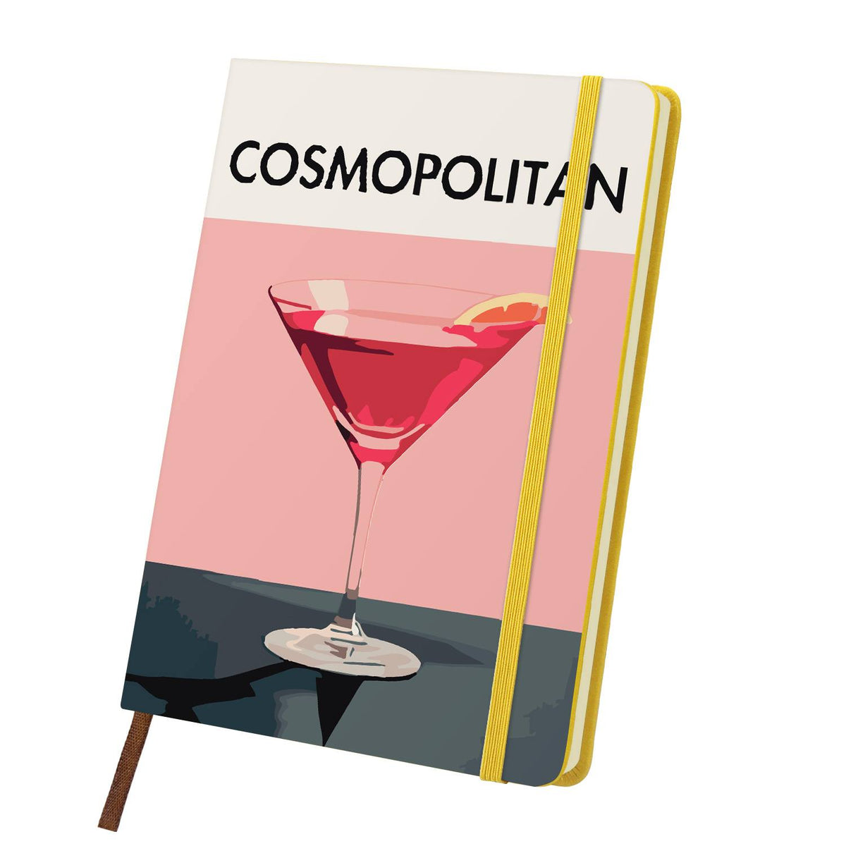 Rosy Martini with Orange Twist paint by numbers notebook – Pink cranberry cocktail in a martini glass with an orange twist on blush pink and charcoal, yellow notebook