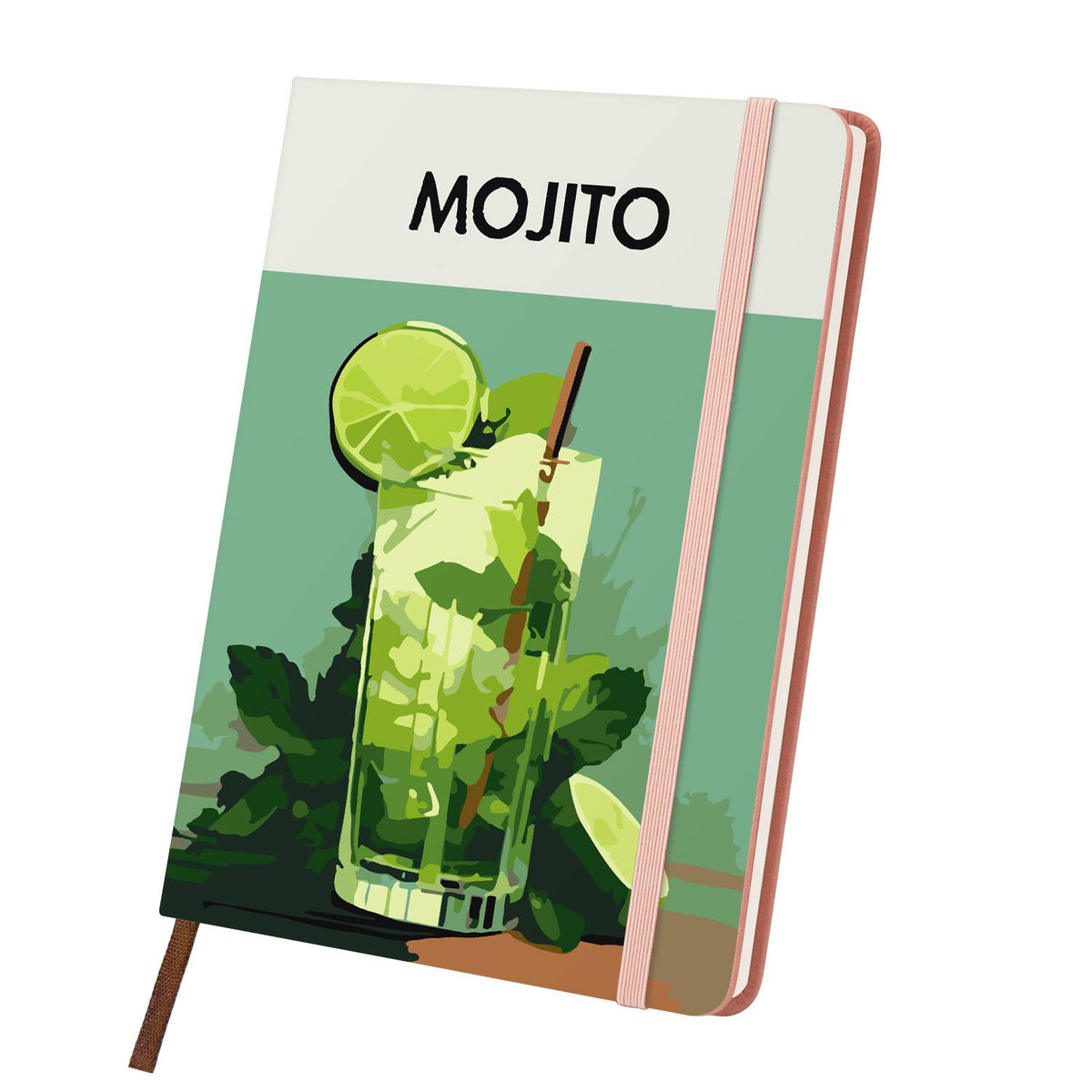 Muddled Mint and Lime Cooler paint by numbers notebook – Tall glass of mojito with a lime wedge, mint leaves and a straw on soft green, pink notebook