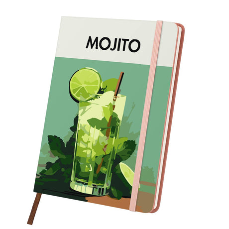 Muddled Mint and Lime Cooler paint by numbers notebook – Tall glass of mojito with a lime wedge, mint leaves and a straw on soft green, pink notebook