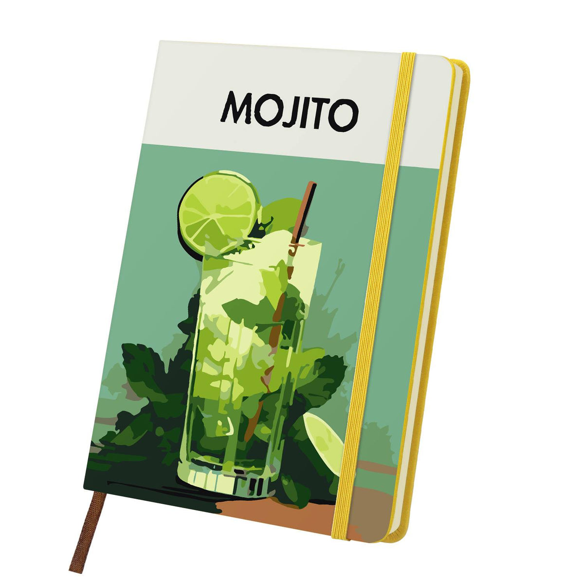 Muddled Mint and Lime Cooler paint by numbers notebook – Tall glass of mojito with a lime wedge, mint leaves and a straw on soft green, yellow notebook