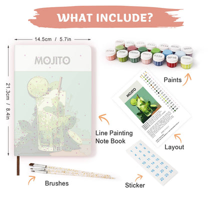 Muddled Mint and Lime Cooler paint by numbers notebook – what's in the kit: the notebook, numbered paints, brushes, layout sheet and stickers