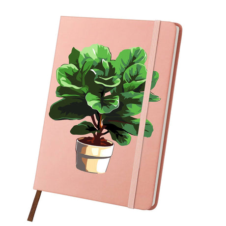 Fiddle-Leaf Fig in a Cream Pot paint by numbers notebook – Fiddle-leaf fig with large glossy leaves in a cream pot on salmon pink, pink notebook