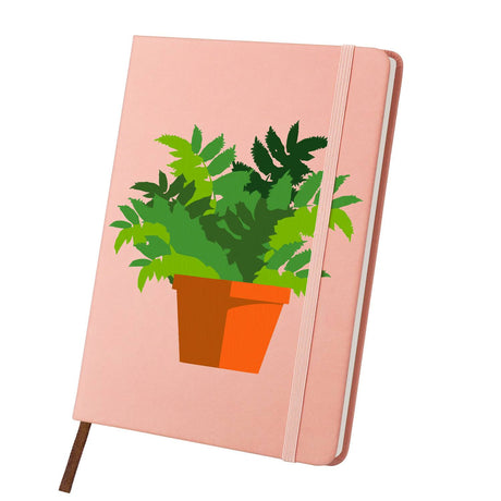 Feathery Ferns in Terracotta paint by numbers notebook – Bushy green fern fronds in an orange terracotta pot on salmon pink, pink notebook