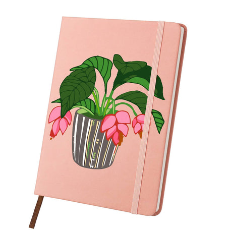Pink Lantern Blooms on Blush paint by numbers notebook – Leafy plant with drooping pink blossoms in a grey striped pot on salmon pink, pink notebook