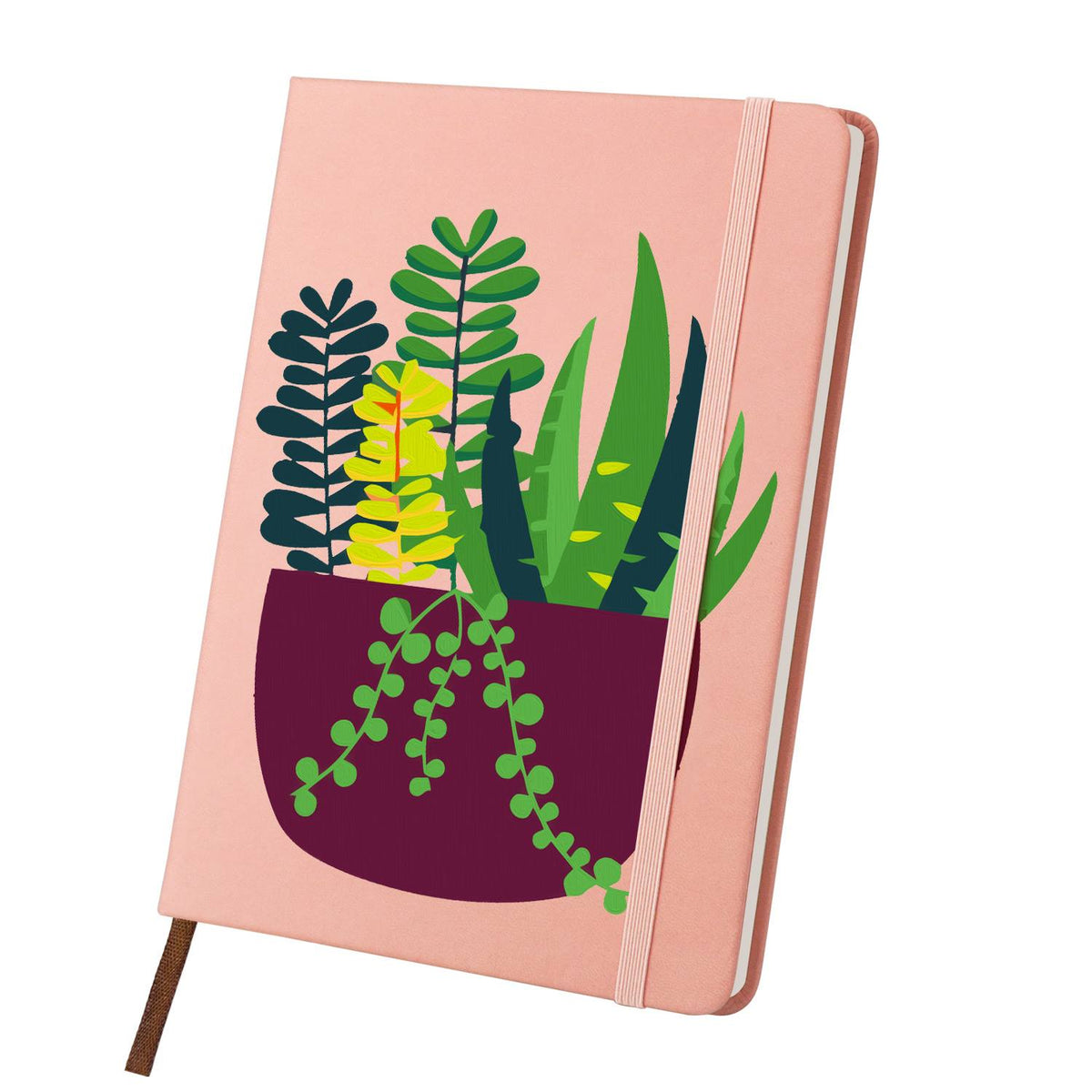 Trailing Succulents in Burgundy paint by numbers notebook – Mixed spiky succulents and trailing beaded vines in a deep burgundy pot on salmon pink, pink notebook