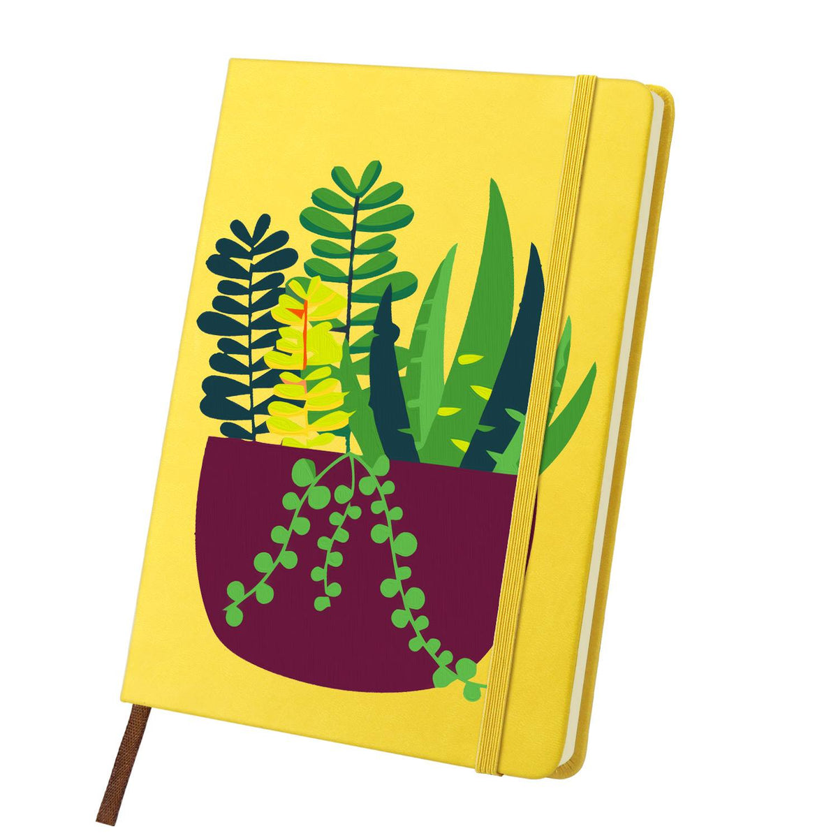 Trailing Succulents in Burgundy paint by numbers notebook – Mixed spiky succulents and trailing beaded vines in a deep burgundy pot on salmon pink, yellow notebook