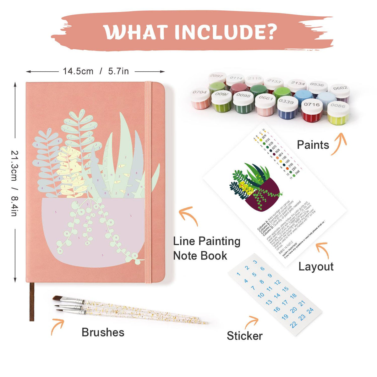 Trailing Succulents in Burgundy paint by numbers notebook – what's in the kit: the notebook, numbered paints, brushes, layout sheet and stickers