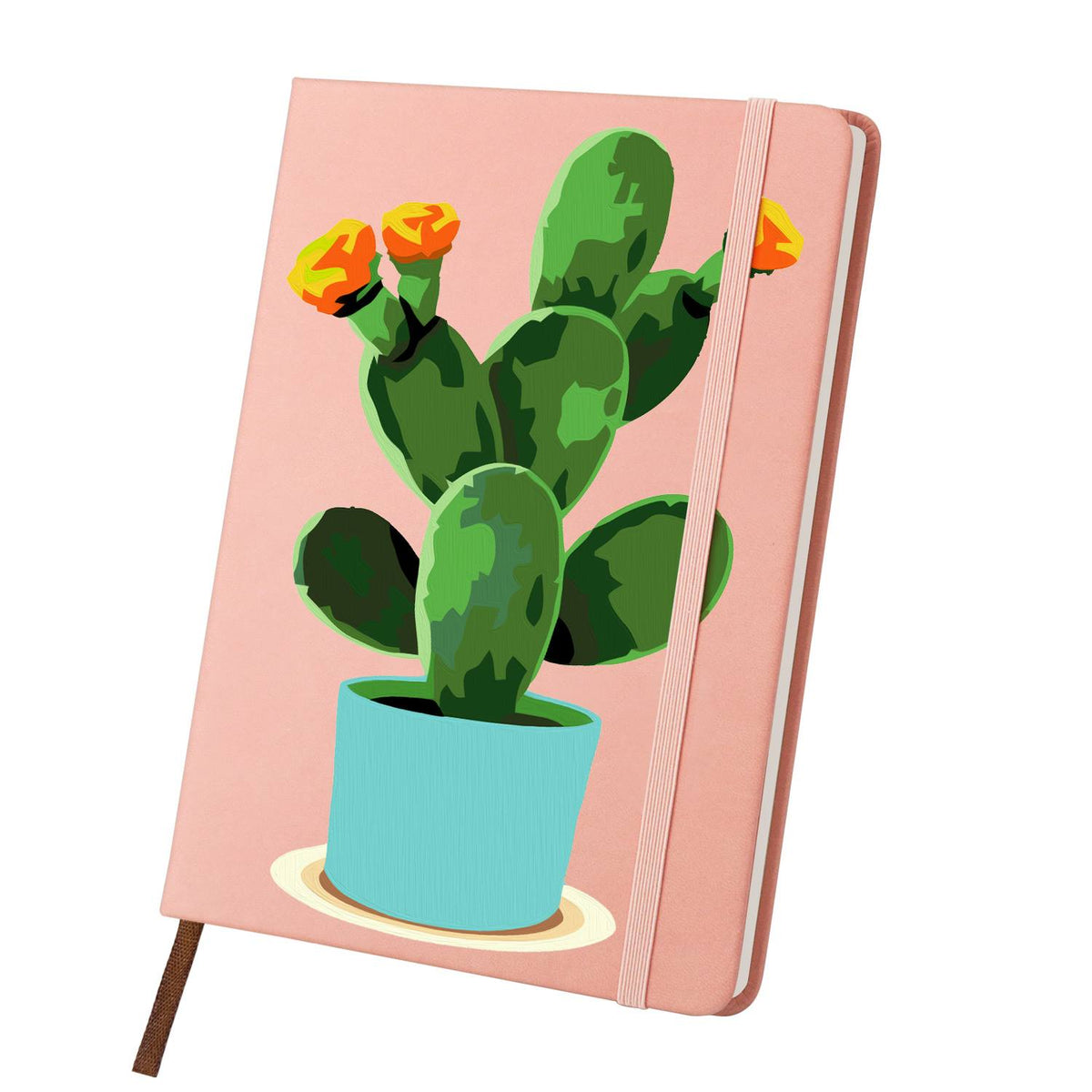 Flowering Cactus in Turquoise Pot paint by numbers notebook – Prickly pear cactus with orange-yellow flowers in a turquoise pot on a cream saucer, pink notebook