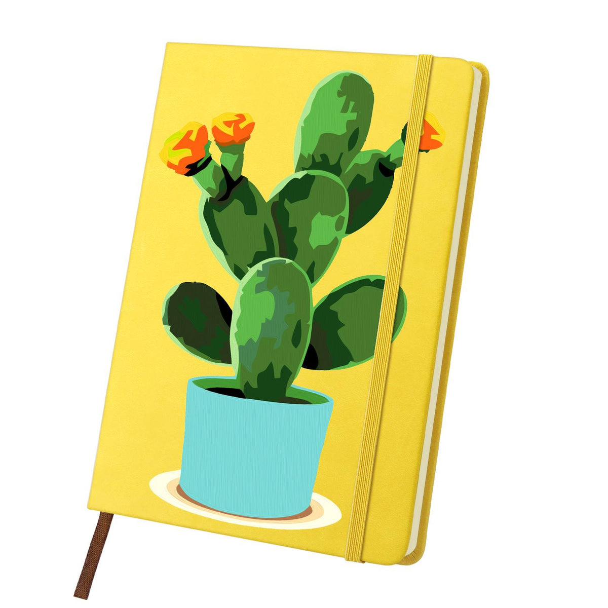 Flowering Cactus in Turquoise Pot paint by numbers notebook – Prickly pear cactus with orange-yellow flowers in a turquoise pot on a cream saucer, yellow notebook