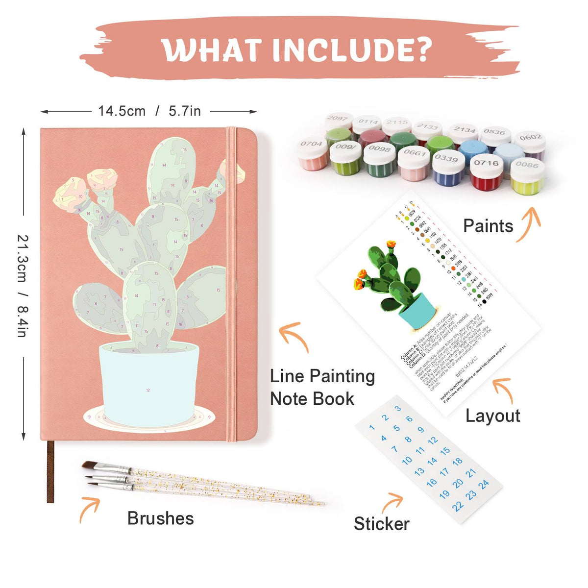 Flowering Cactus in Turquoise Pot paint by numbers notebook – what's in the kit: the notebook, numbered paints, brushes, layout sheet and stickers