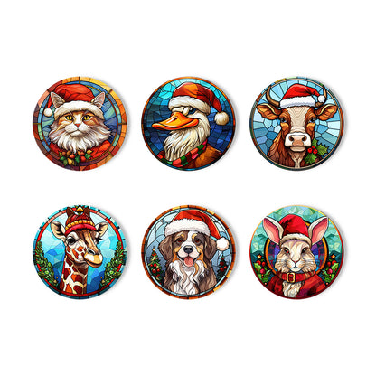 Stained Glass Santa Hat Menagerie paint by numbers coasters – Six stained-glass animal portraits in Santa hats: cat, duck, cow, giraffe, spaniel and rabbit with holly