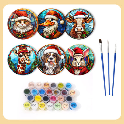 Stained Glass Santa Hat Menagerie paint by numbers coasters – what's in the kit: the 6 coasters, numbered paints and brushes