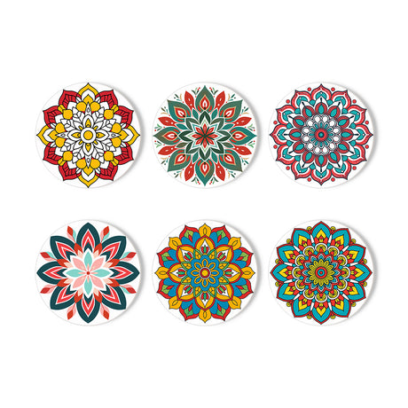 Red and Teal Folk Mandalas paint by numbers coasters – Six intricate floral mandalas in red, saffron yellow, teal and white