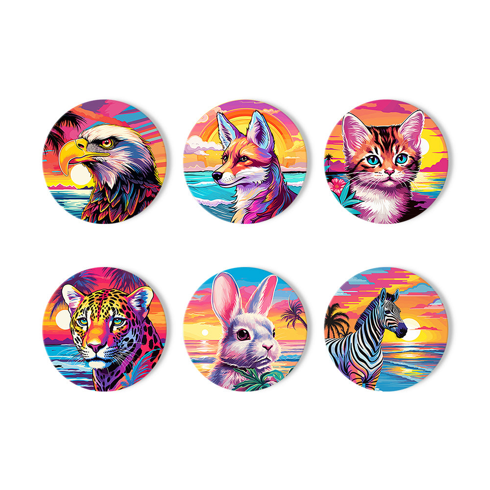 Neon Sunset Wildlife Portraits paint by numbers coasters – Six pop-art animal portraits over vivid sunset seas: eagle, fox, kitten, leopard, bunny and zebra