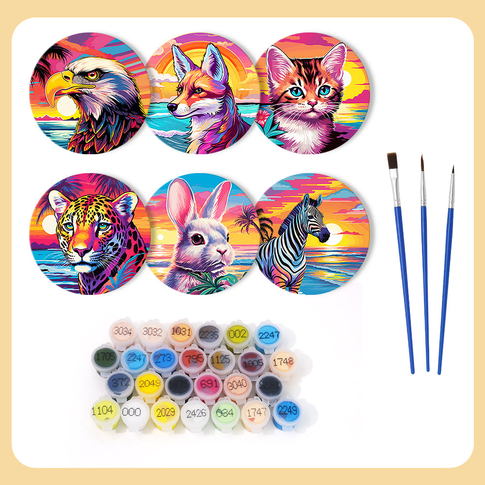 Neon Sunset Wildlife Portraits paint by numbers coasters – what's in the kit: the 6 coasters, numbered paints and brushes
