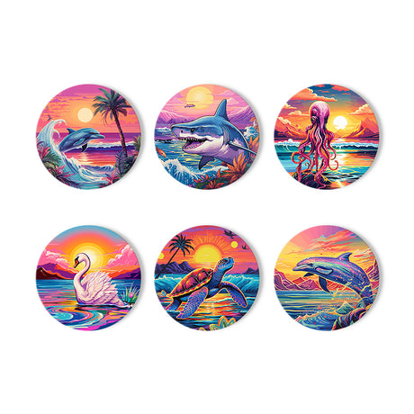 Sunset Dolphins and Sea Life paint by numbers coasters – Six sea scenes under neon sunsets: leaping dolphins, a shark, octopus, swan and sea turtle among palms