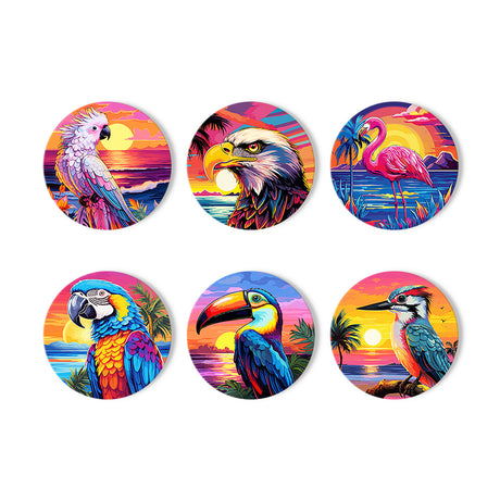 Toucan and Flamingo Sunset paint by numbers coasters – Six birds against vivid tropical sunsets: cockatoo, eagle, flamingo, macaw, toucan and kingfisher