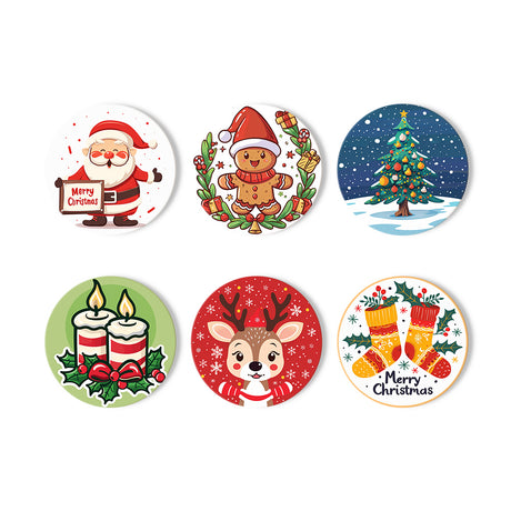 Gingerbread and Reindeer Cheer paint by numbers coasters – Six cartoon Christmas designs: Santa with a sign, gingerbread man, snowy tree, candles, reindeer and stockings