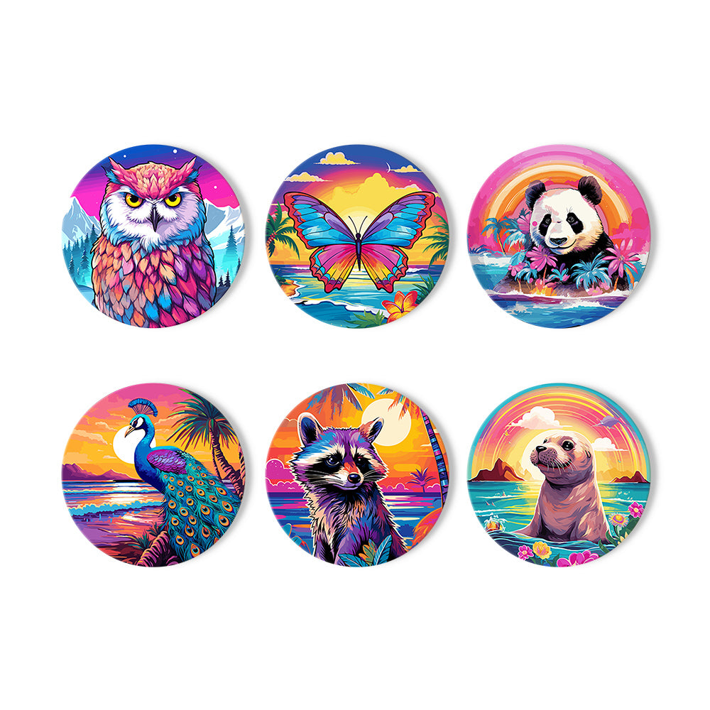 Rainbow Sunset Owl and Panda paint by numbers coasters – Six neon sunset animal scenes: owl, butterfly, panda, peacock, raccoon and seal under rainbow skies