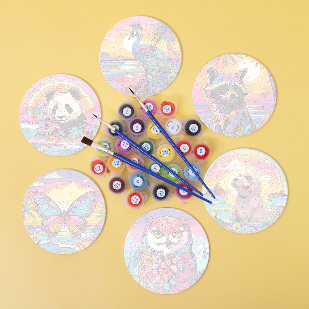 Rainbow Sunset Owl and Panda paint by numbers coasters – image 2