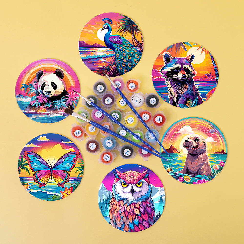 Rainbow Sunset Owl and Panda paint by numbers coasters – image 3