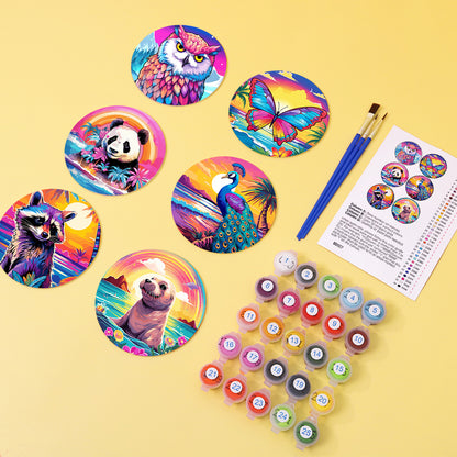 Rainbow Sunset Owl and Panda paint by numbers coasters – image 5