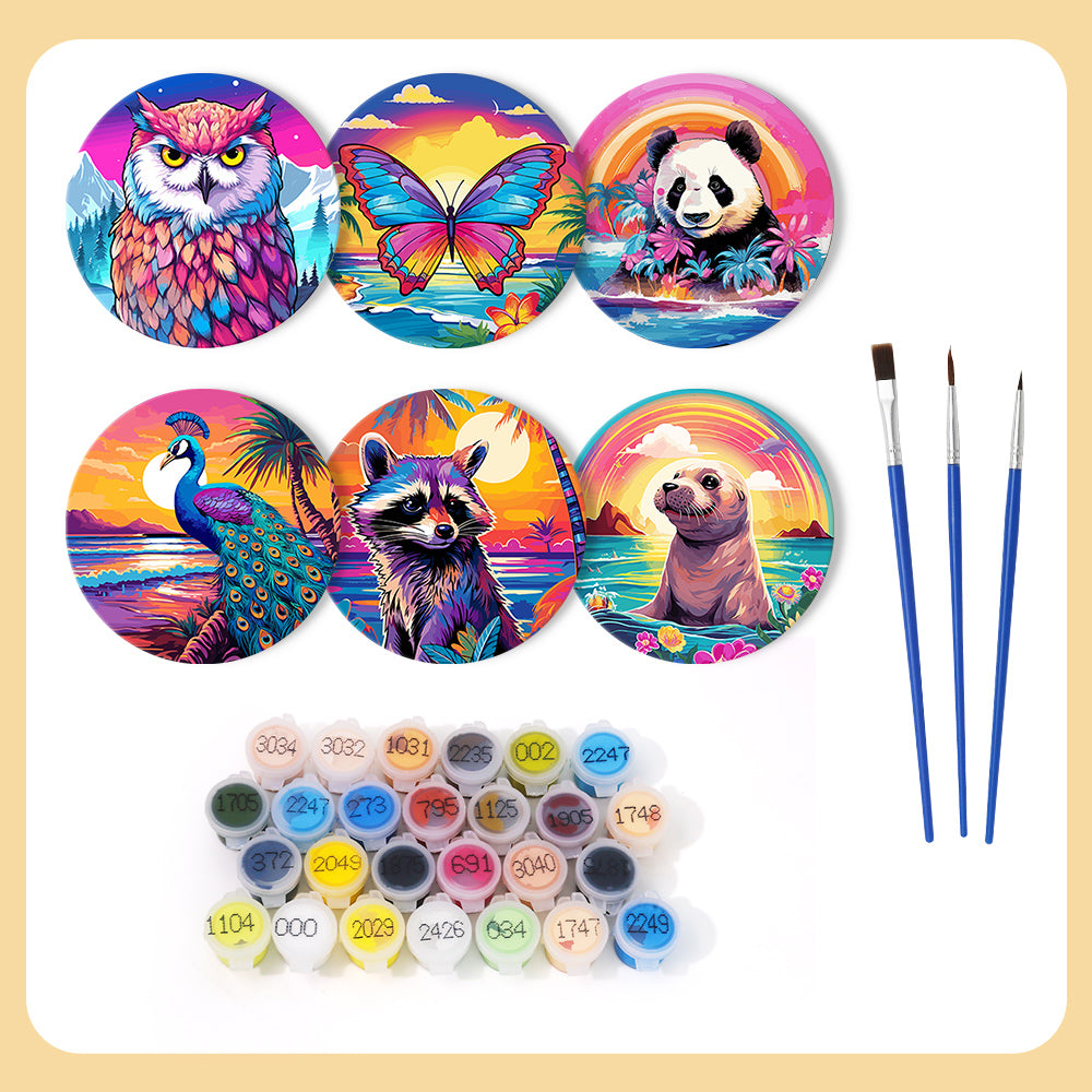Rainbow Sunset Owl and Panda paint by numbers coasters – what's in the kit: the 6 coasters, numbered paints and brushes