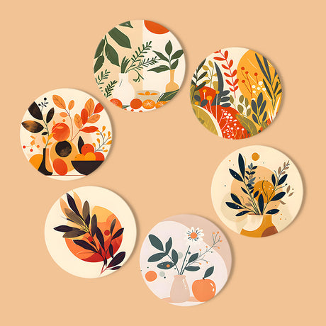 Boho Terracotta Botanicals paint by numbers coasters – Six boho botanical designs in terracotta, orange and sage: leafy branches, vases and round suns