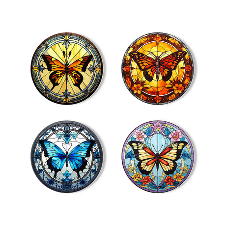 Stained Glass Butterfly Garden paint by numbers coasters – Four stained-glass butterflies in amber, orange and blue, two framed by colorful flowers