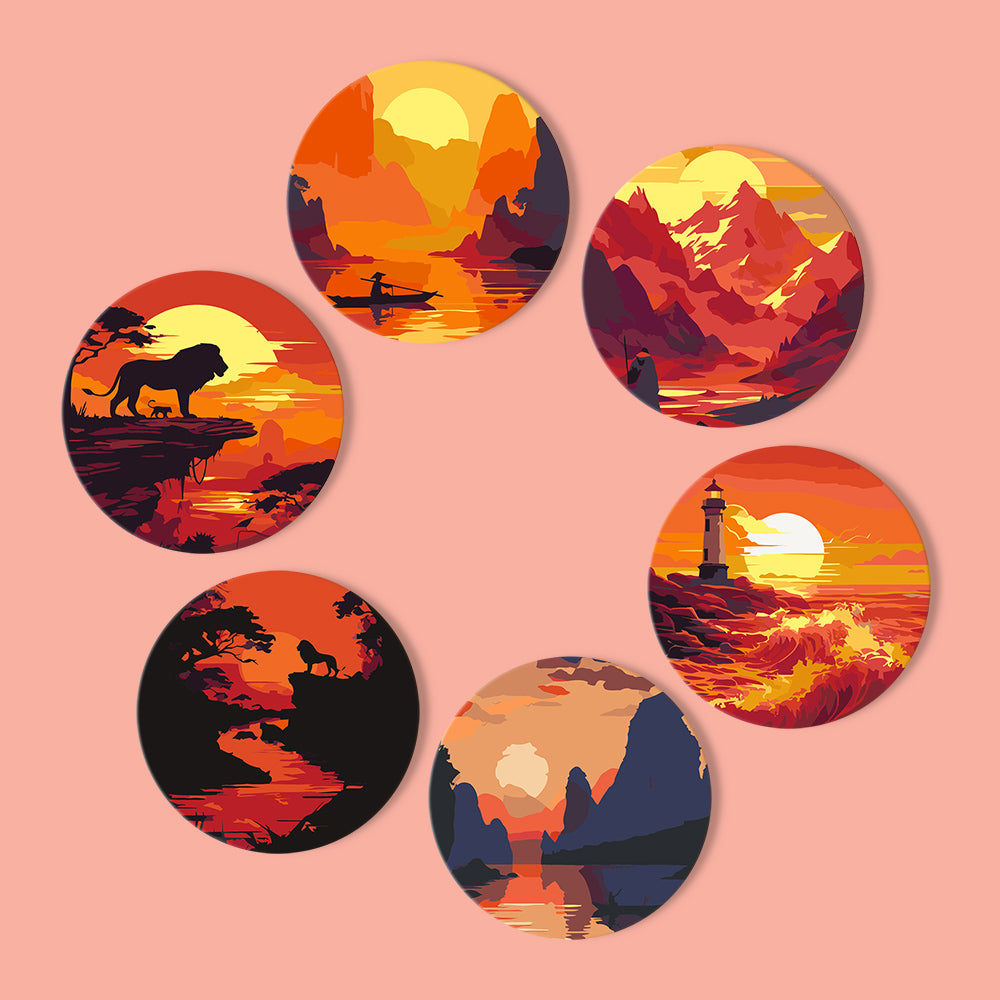 Fiery Sunset Silhouettes paint by numbers coasters – Six orange and red sunset scenes: lion on a cliff, lone rower, red peaks, lighthouse, river canyon and karst hills