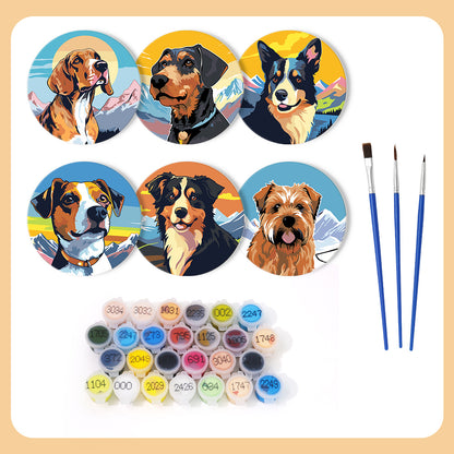 Alpine Pup Portraits paint by numbers coasters – what's in the kit: the 6 coasters, numbered paints and brushes