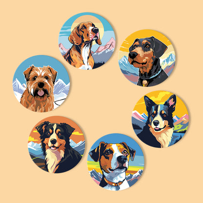 Alpine Pup Portraits paint by numbers coasters – Six illustrated dog portraits against snowy mountains, including a beagle, a scruffy terrier and a collie
